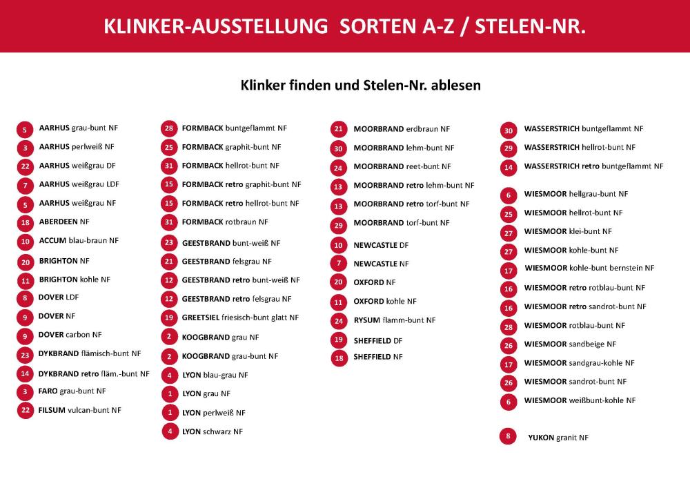 Liste mit Röben Klinkersorten