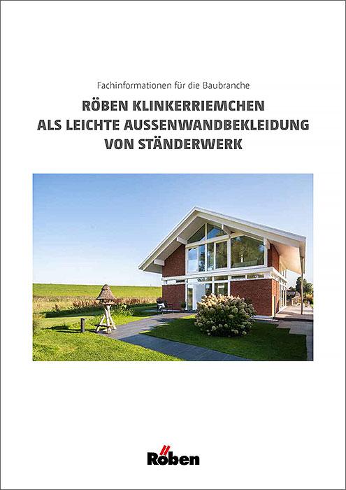 Weiße Broschüre mit Foto eines modernen Hauses auf dem Land, blauer Himmel.