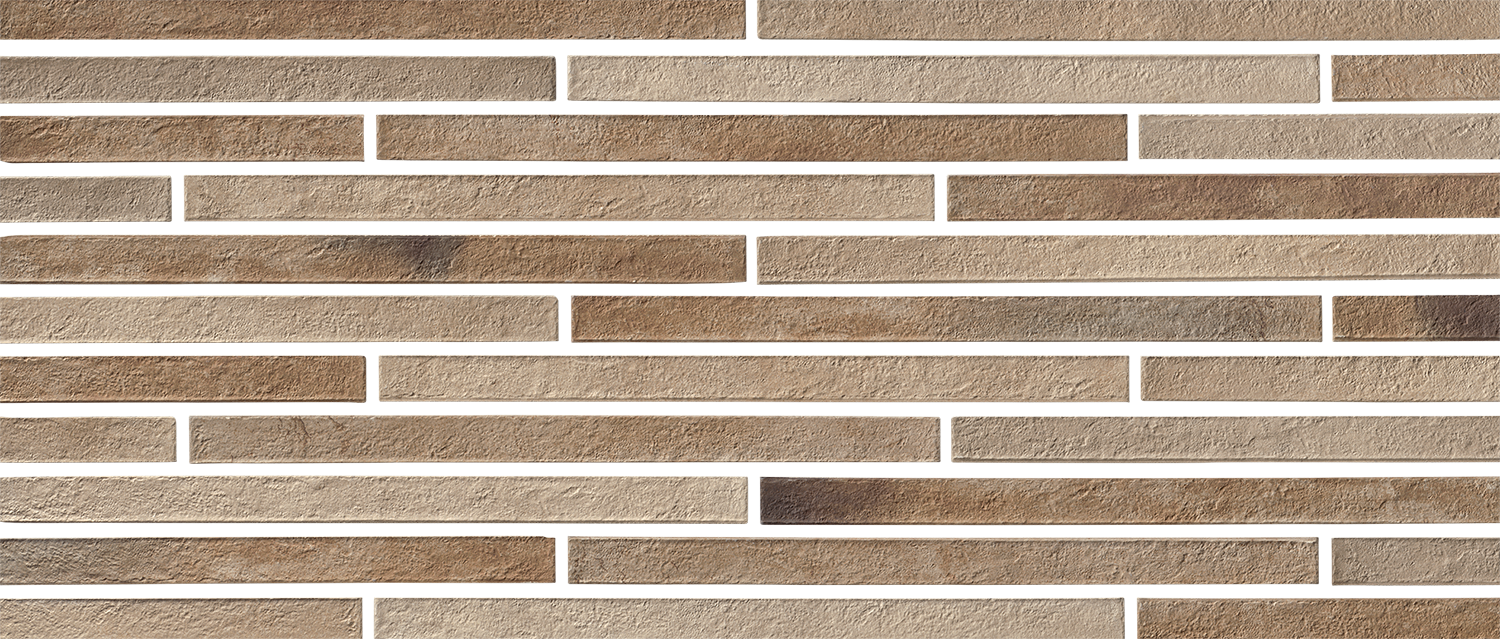 L-Max sandgrau-beige Klinkerriemchen mit horizontalen, schmalen Streifen.