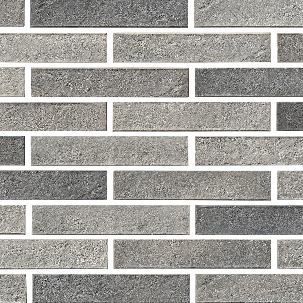 Grau-schwarze Ziegelwand in gleichmäßigem Muster.