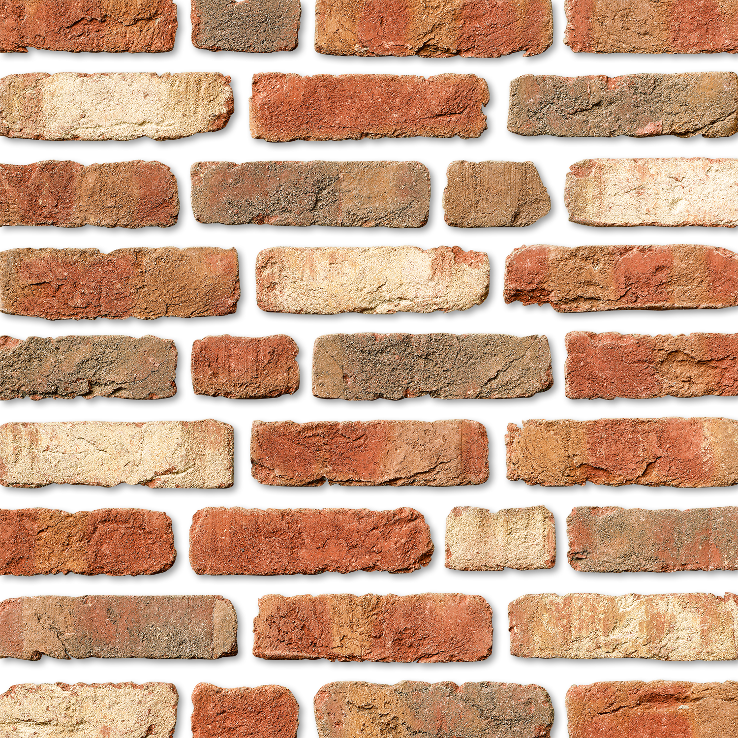Backsteinmauer mit verschiedenen Rottönen und Texturen.