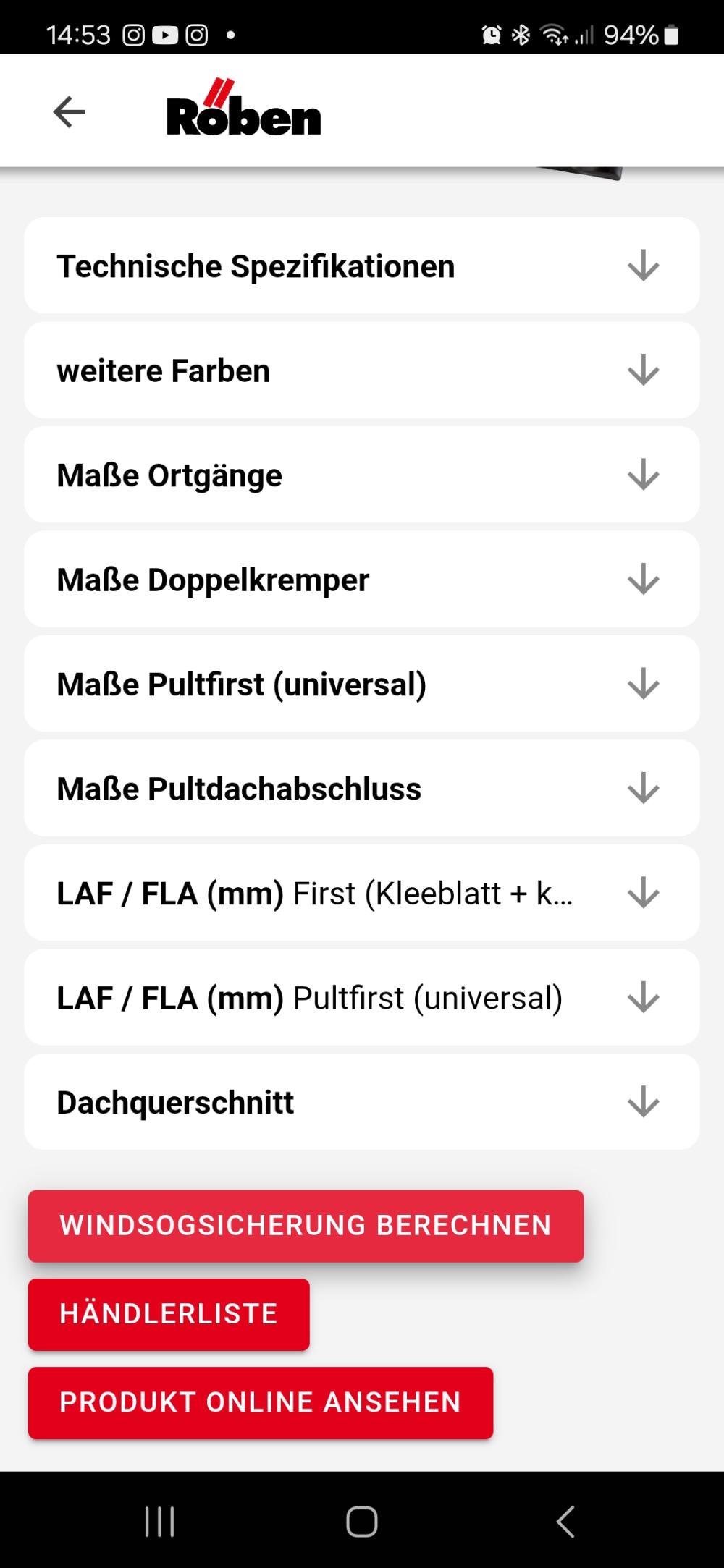 Die Röben Dachziegel-App - Menü