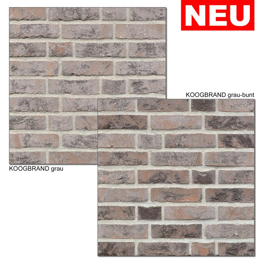 Zwei Ziegelsteinmuster, grau und grau-bunt, mit roter "NEU"-Kennzeichnung oben rechts.