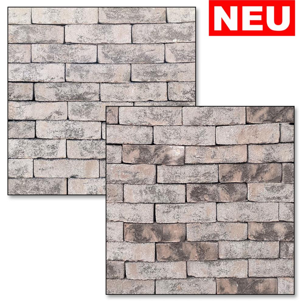 Zwei Ziegelsteinmuster, grau und grau-bunt, mit roter "NEU"-Kennzeichnung oben rechts.
