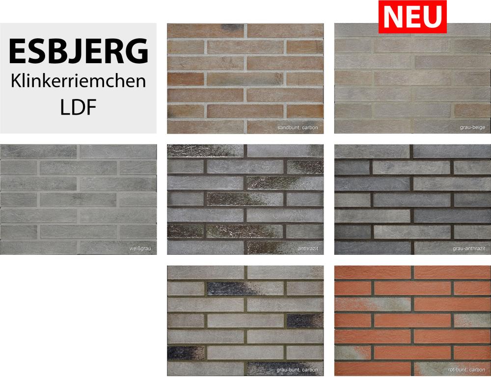 Riemchenflächen in verschiedenen Farben und Texturen, aufgeteilt in acht Felder.