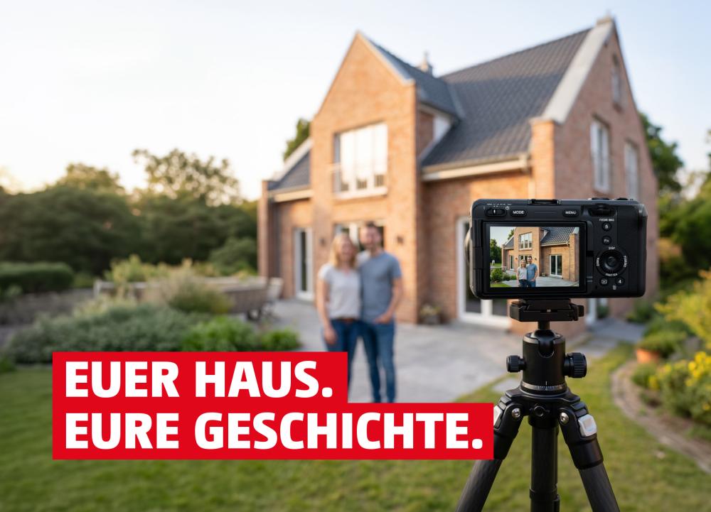 Fotografie eines Paares vor einem Backsteinhaus.