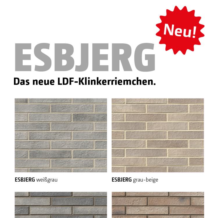 Neue ESBJERG-Riemchen in Grautönen und Erdtönen, verschiedene Texturen. Grafik.