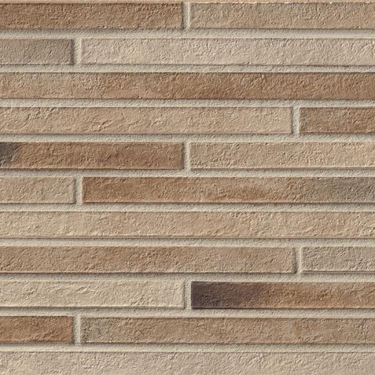 L-Max sandgrau-beige Klinkerriemchen mit horizontalen, schmalen Streifen.