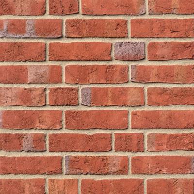 Ziegelwand mit roten DORNUM-Verblendern und grauem Mörtel.