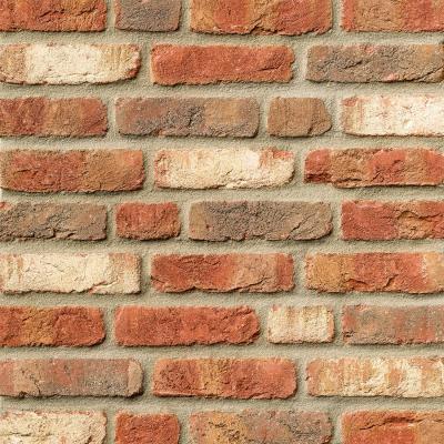 Ziegelsteinmauer aus roten und beigen Backsteinen.