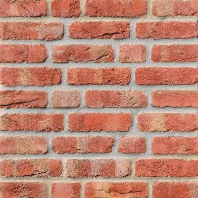 Rote Ziegelwand in gleichmäßiger Anordnung.