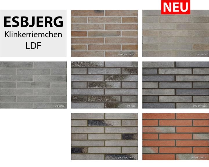 Riemchenflächen in verschiedenen Farben und Texturen, aufgeteilt in acht Felder.