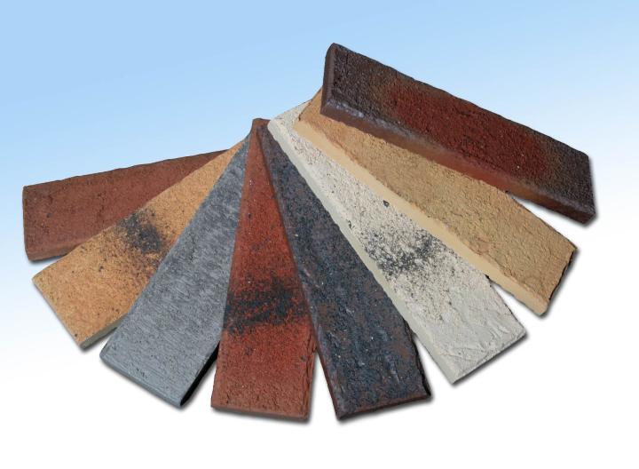Ziegelproben in Fächerform, verschiedene Farben auf blauem Hintergrund.