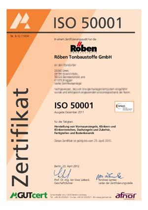 Röben hat als eines der ersten Unternehmen der Ziegel-Branche das Prüfzertifikat DIN EN ISO 50001 für alle deutschen Standorte erhalten. Röben hat als eines der ersten Unternehmen der Ziegel-Branche das Prüfzertifikat DIN EN ISO 50001 für alle deutschen Standorte erhalten.