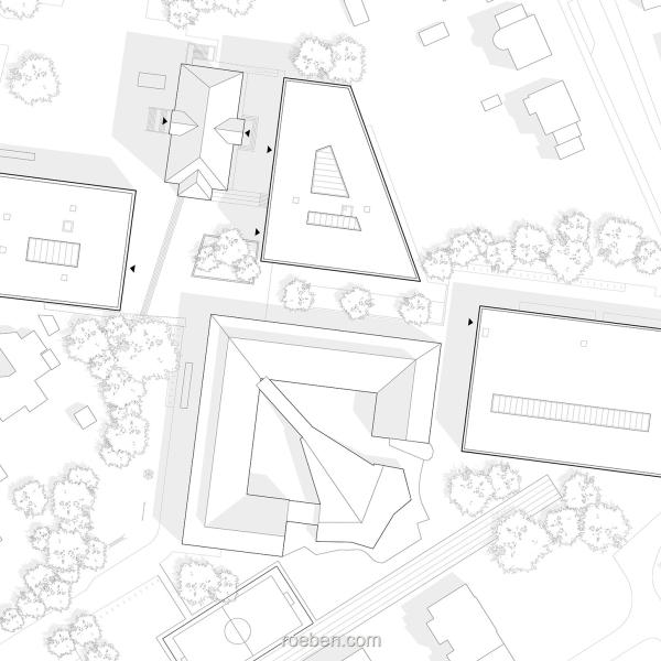 Lageplan Schulcampus Hamm-Herringen mit Straßen, Gebäuden und Bäumen. Schwarz-weiße Zeichnung.