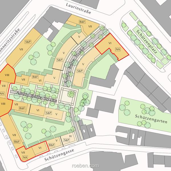 Dresden Schützengarten Bebauungsplan mit farbigen Grundstücken, Wegen und Grünflächen.
