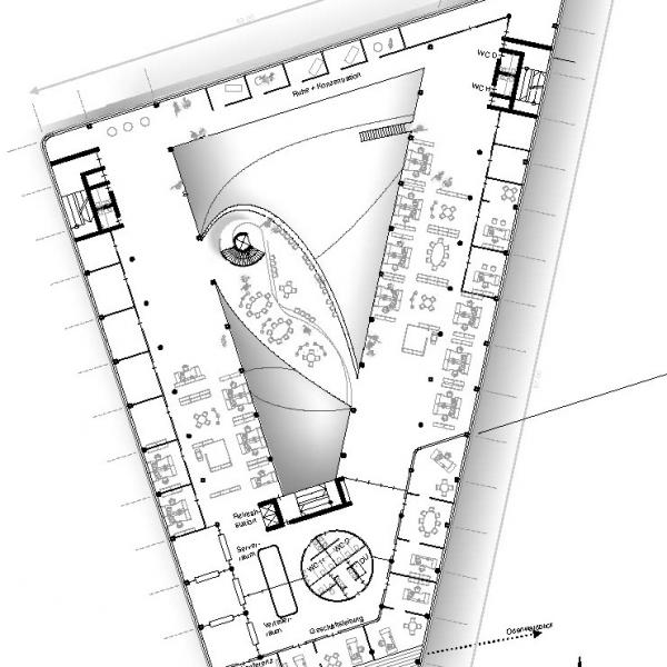 Um eine optimale Lösung für Tageslichteinfall, Raumprogramm, Größe, Erschließung und städtebauliches Kontext zu erreichen, wurde der Neubau mit einem V-förmigen Grundriss geplant.