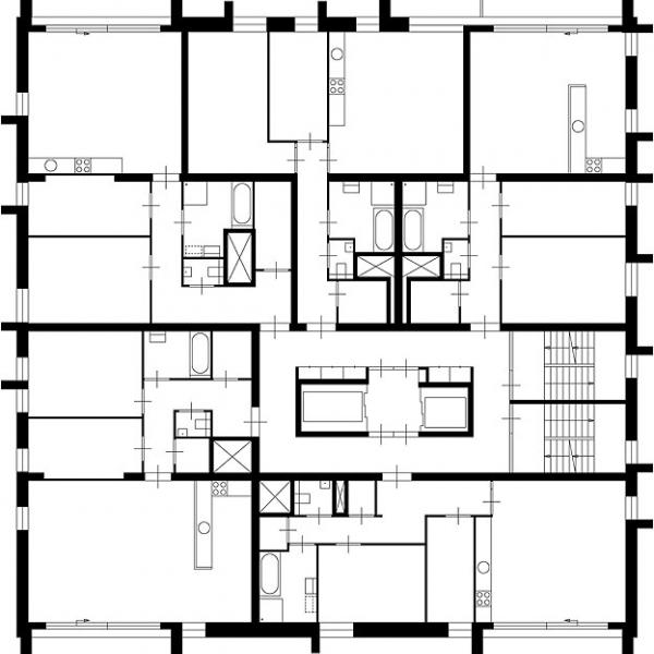 Grundriss einer kompletten Etage der Klinker-Wohntürme.