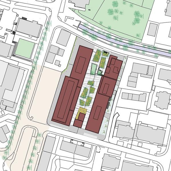 Square/Kloten: Der begrünte Innenhof dient als Flaniermeile und Verbindung zwischen Geerenstraße im Norden und Marktgasse im Süden