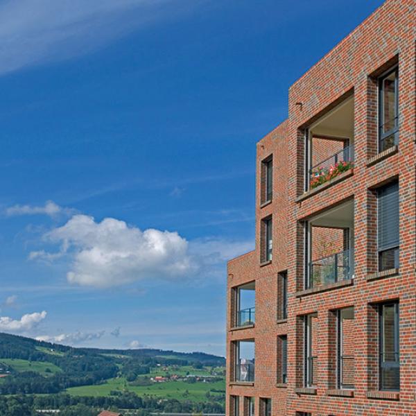 Hoch am Hang - für Mieter mit Weitsicht, Wohnanlage &quot;Rosenbüchel&quot; bei St. Gallen (CH), Röben Klinker Rysum flamm-bunt, Architekten Baumschlager Eberle Vorarlberg   
